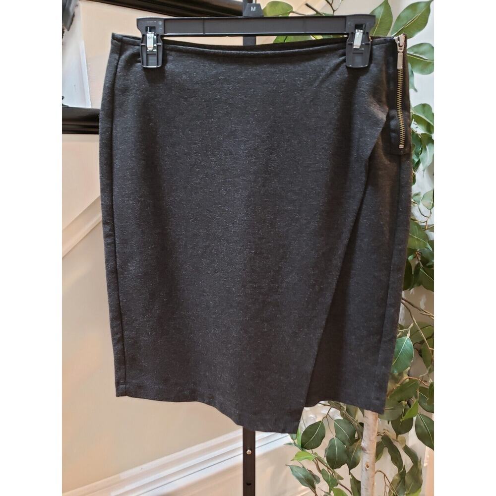 Cabi Women Gray‎ Solid Rayon Asymmetrical Faux Wrap Side Zip Pencil Skirt Size 2